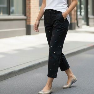 Women’s Black Cropped Pants with Multicolor Dot Embroidery